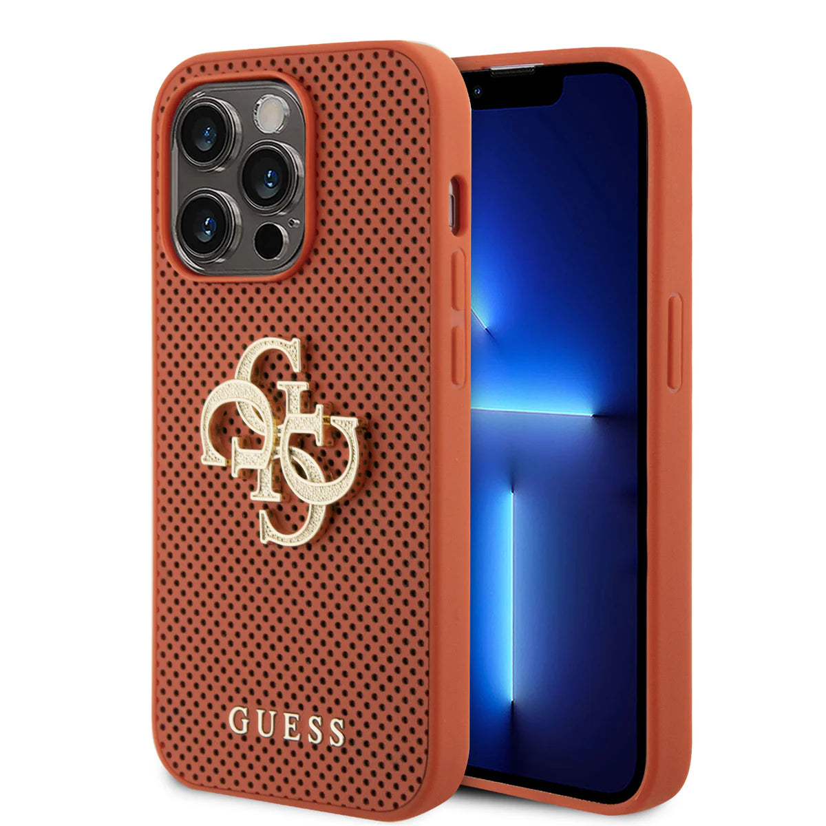 Guess Perforated Case Hülle für iPhone 15 Pro Max – Orange/Gold 4G Logo