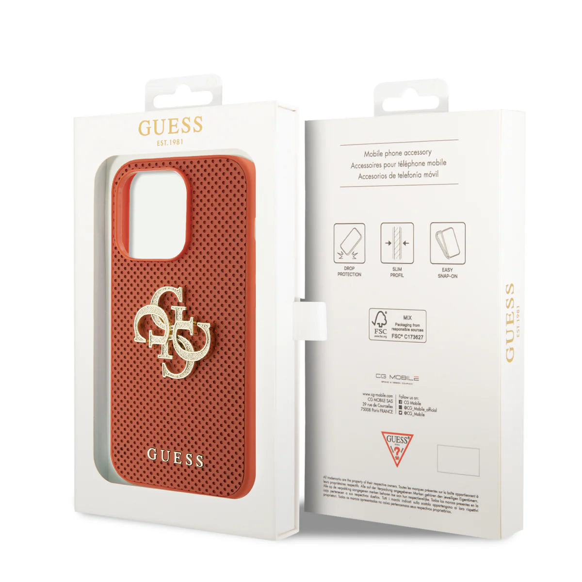Guess Perforated Case Hülle für iPhone 15 Pro Max – Orange/Gold 4G Logo