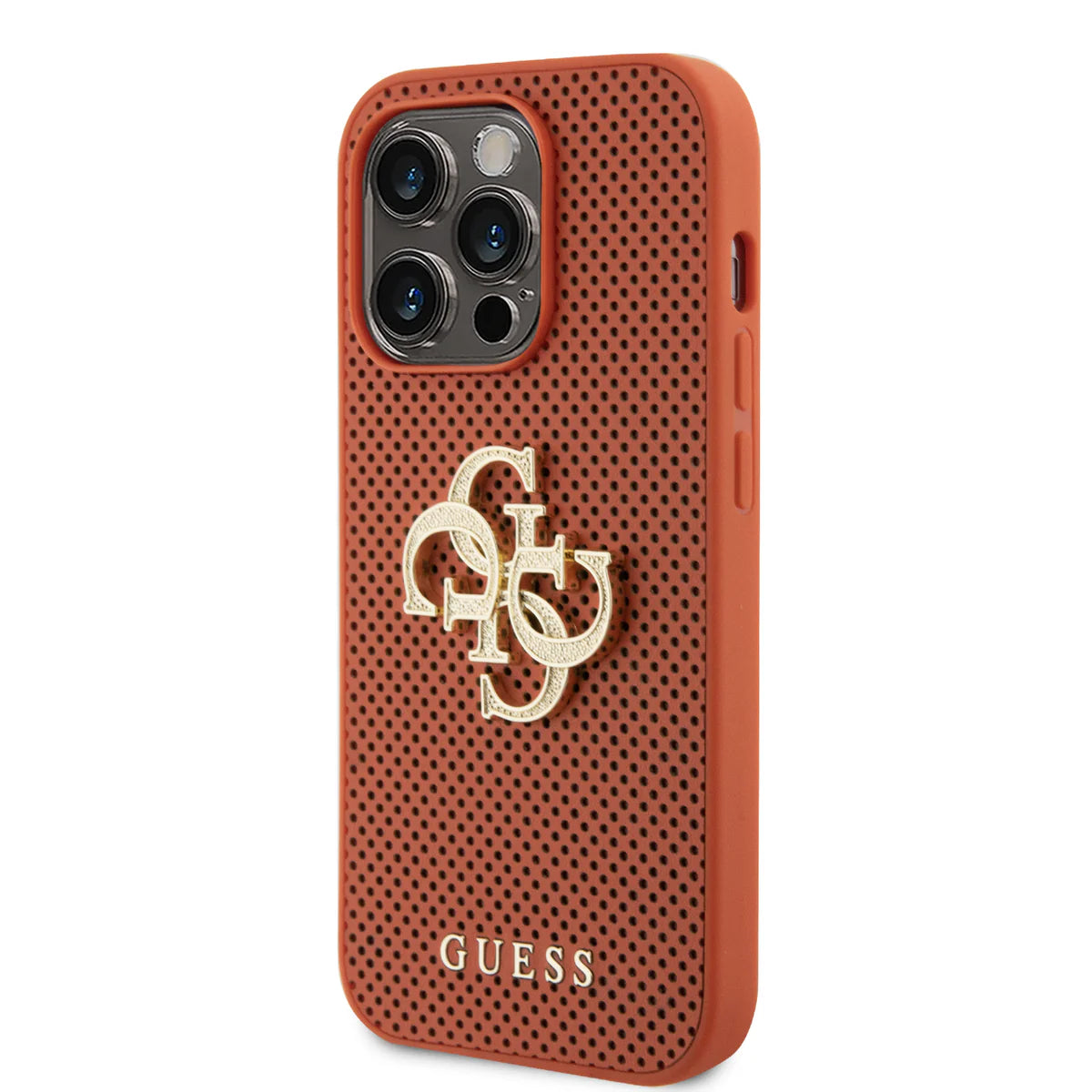 Guess Perforated Case Hülle für iPhone 15 Pro Max – Orange/Gold 4G Logo