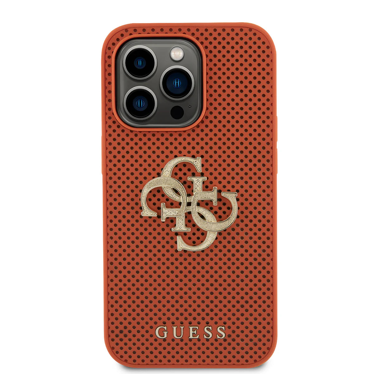 Guess Perforated Case Hülle für iPhone 15 Pro Max – Orange/Gold 4G Logo