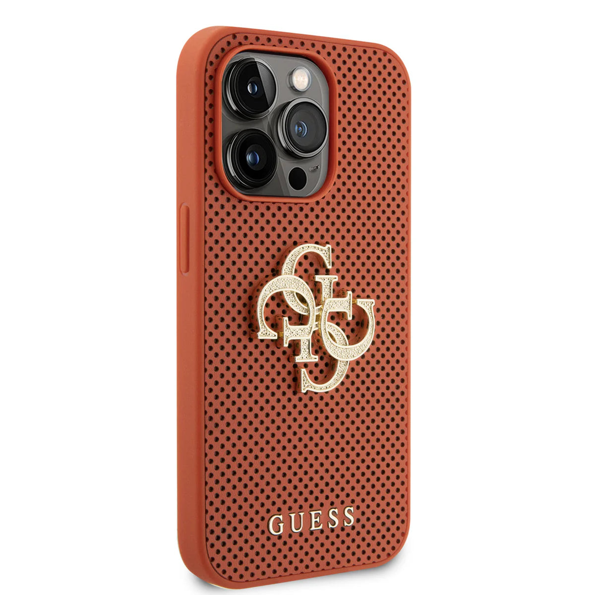 Guess Perforated Case Hülle für iPhone 15 Pro Max – Orange/Gold 4G Logo
