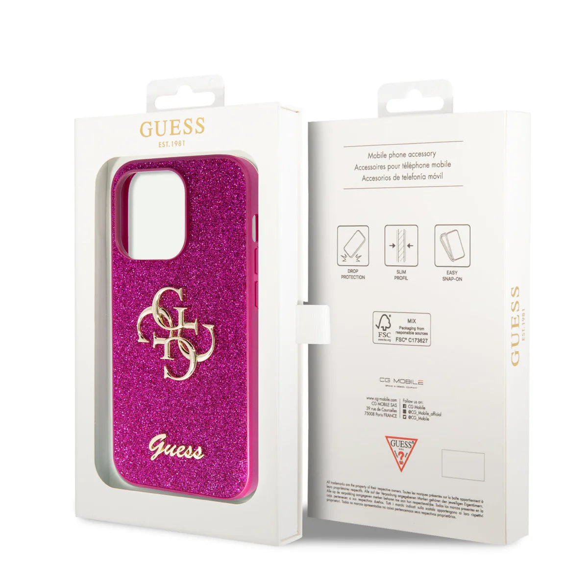 Guess Glitter 4G Logo Hülle für iPhone 15 Pro Max – Pink