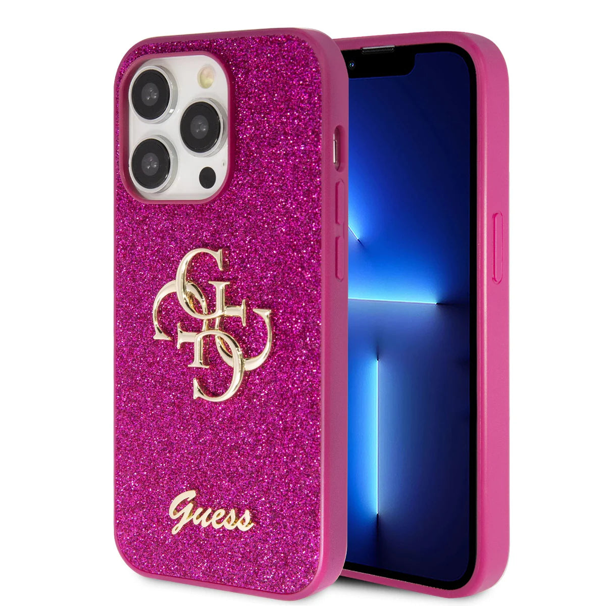 Guess Glitter 4G Logo Hülle für iPhone 15 Pro Max – Pink