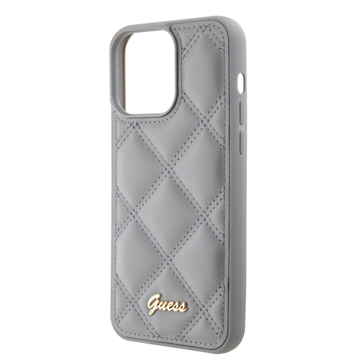 GUESS Handyhülle für iPhone 16 Pro Max – Grau mit Steppdesign & Metall-Logo