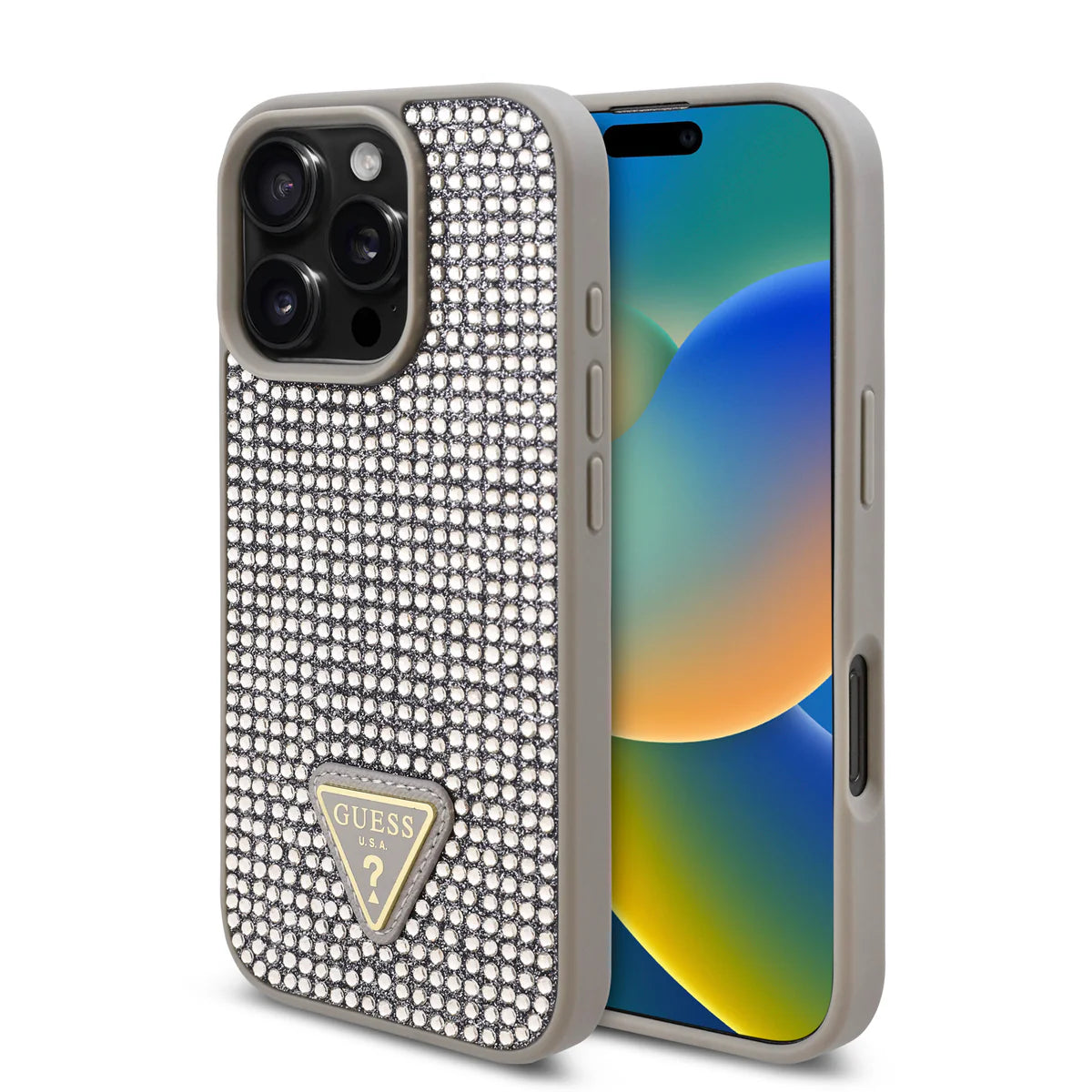 GUESS Handyhülle für iPhone 16 Pro Max – Silber mit Strassbesatz & Triangle-Logo