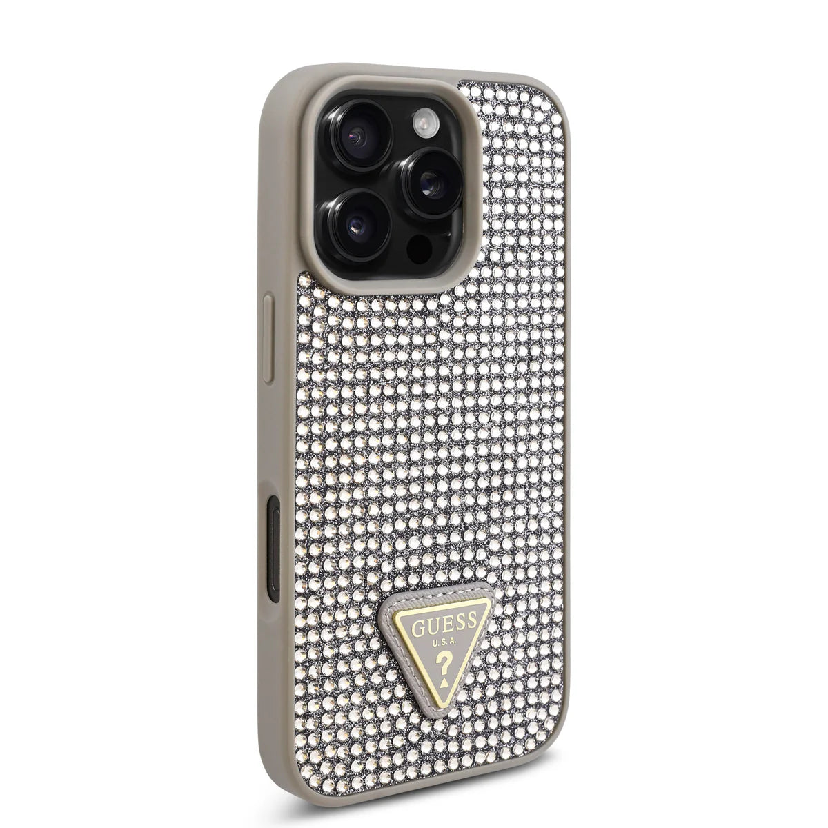 GUESS Handyhülle für iPhone 16 Pro Max – Silber mit Strassbesatz & Triangle-Logo