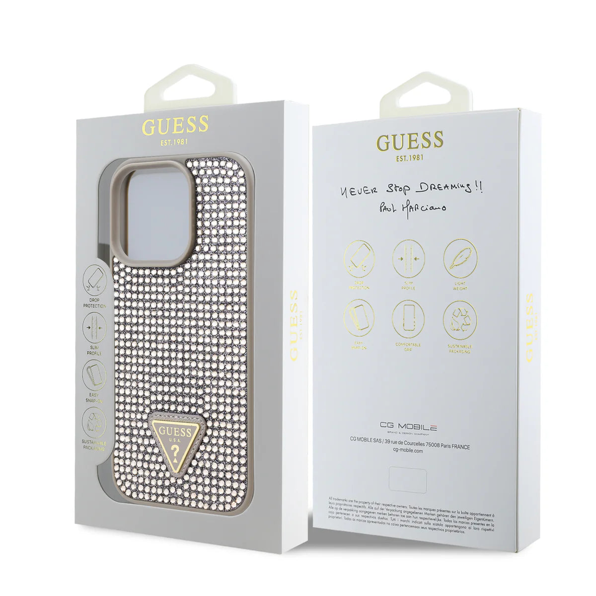 GUESS Handyhülle für iPhone 16 Pro Max – Silber mit Strassbesatz & Triangle-Logo