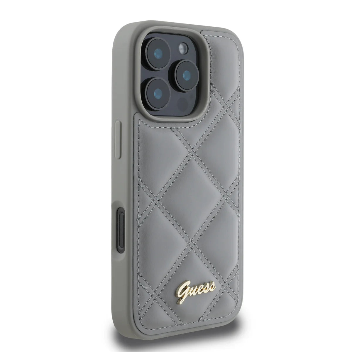 GUESS Handyhülle für iPhone 16 Pro Max – Grau mit Steppdesign & Metall-Logo