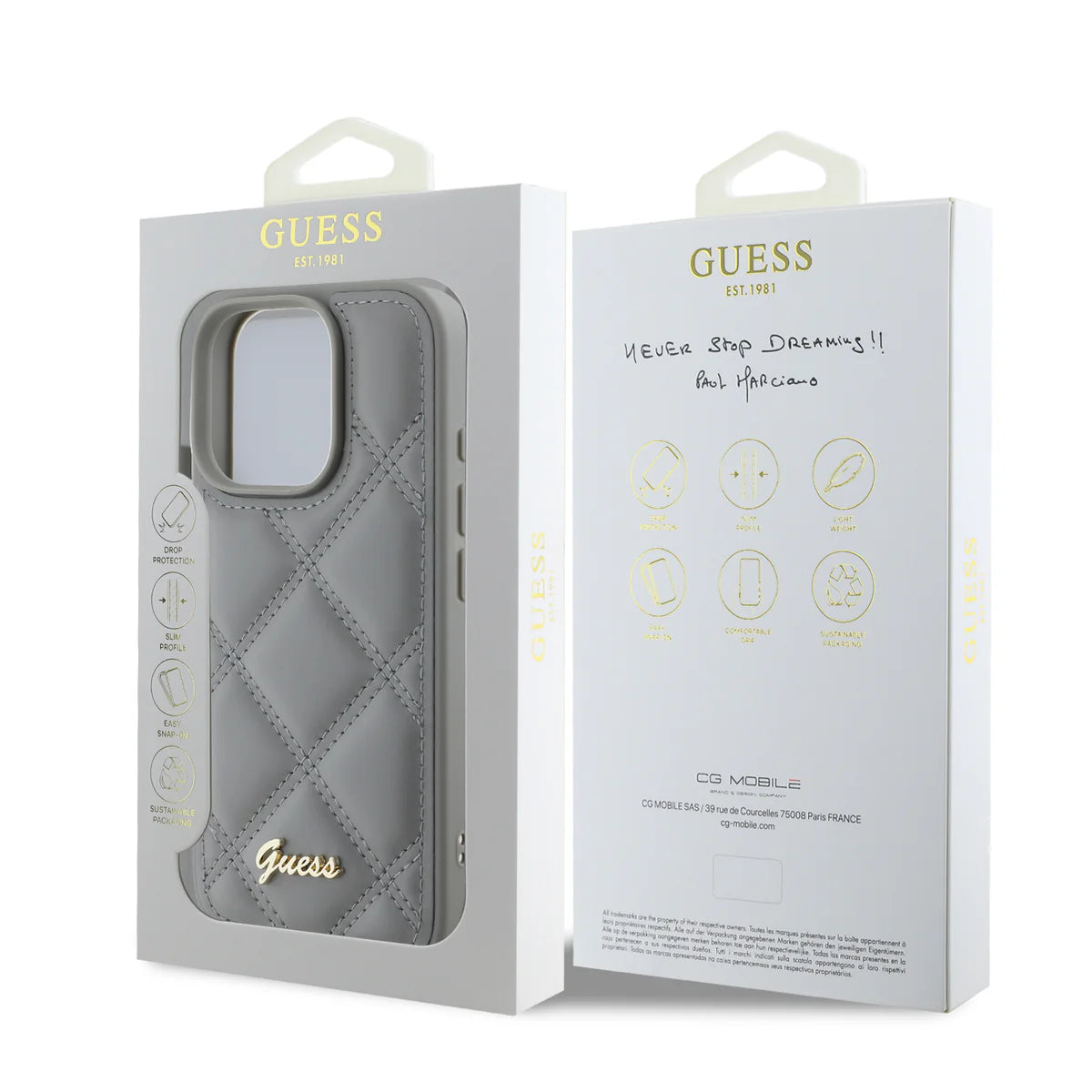 GUESS Handyhülle für iPhone 16 Pro Max – Grau mit Steppdesign & Metall-Logo