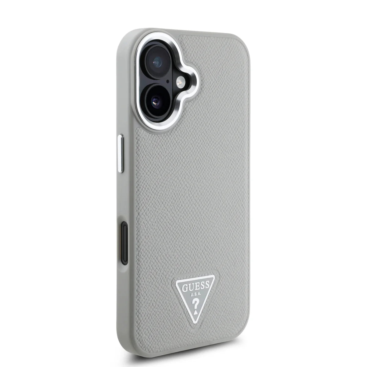 GUESS Triangle Logo Hülle – Elegantes Case für iPhone 16 (Hellgrau)