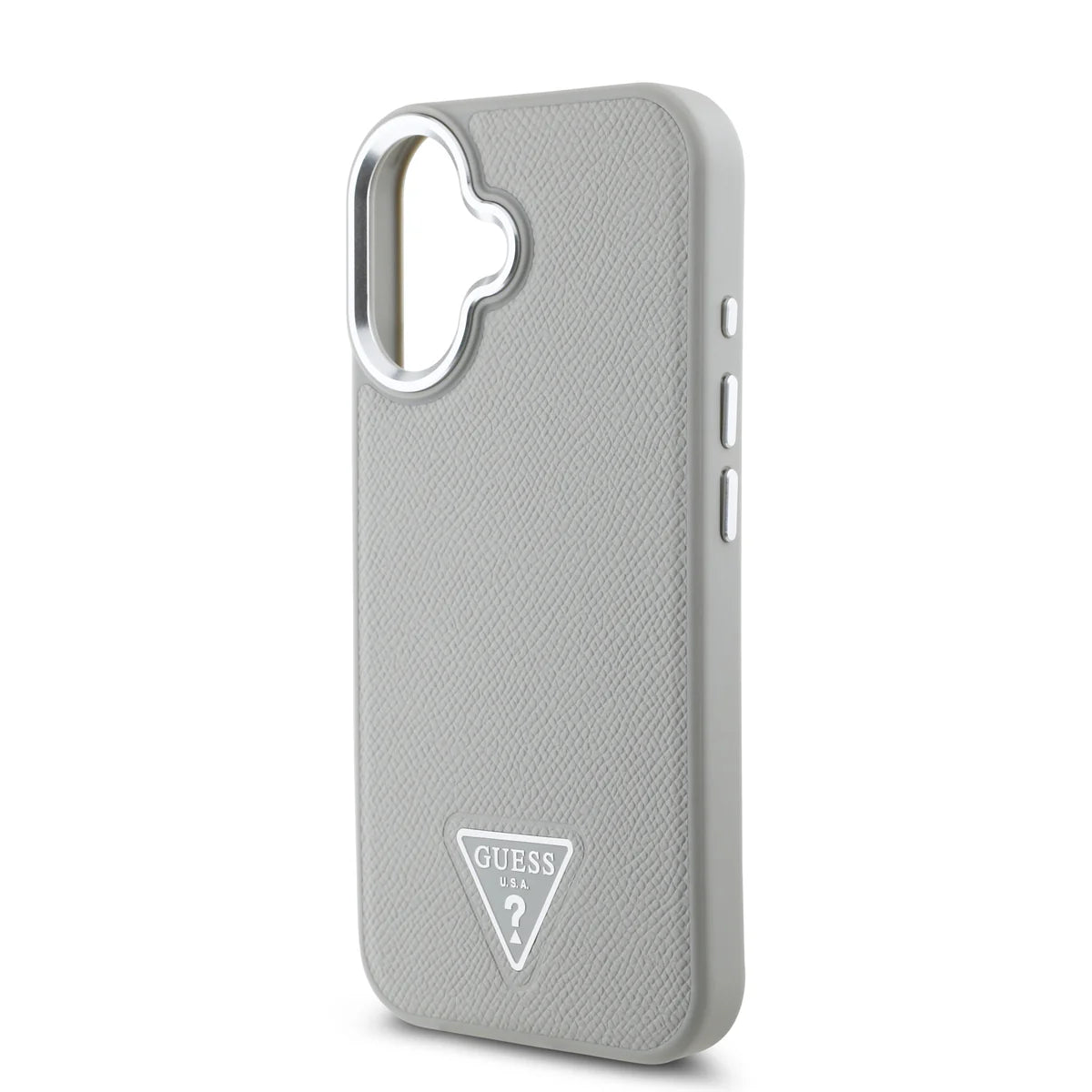 GUESS Triangle Logo Hülle – Elegantes Case für iPhone 16 (Hellgrau)
