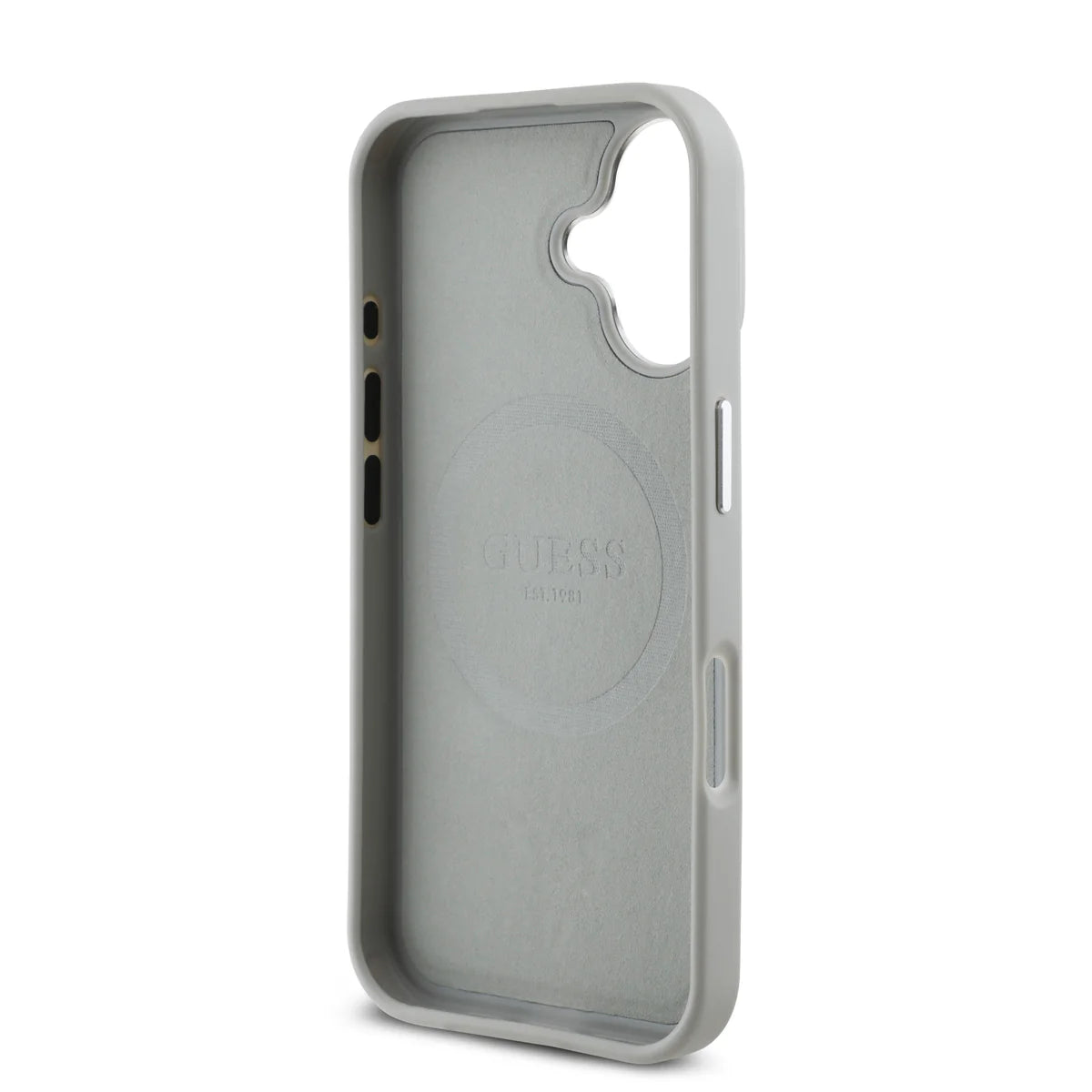 GUESS Triangle Logo Hülle – Elegantes Case für iPhone 16 (Hellgrau)