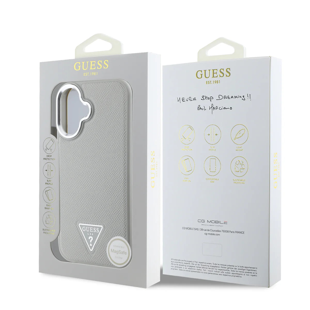 GUESS Triangle Logo Hülle – Elegantes Case für iPhone 16 (Hellgrau)