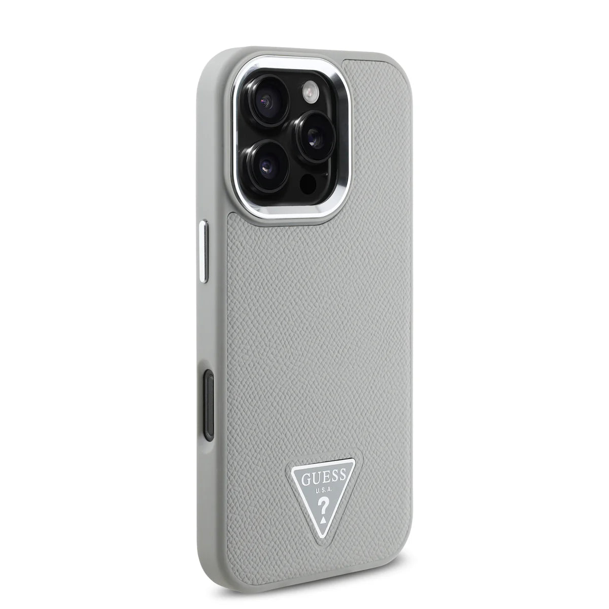 GUESS Handyhülle für iPhone 16 Pro Max – Beige mit Strukturdesign & Triangle-Logo