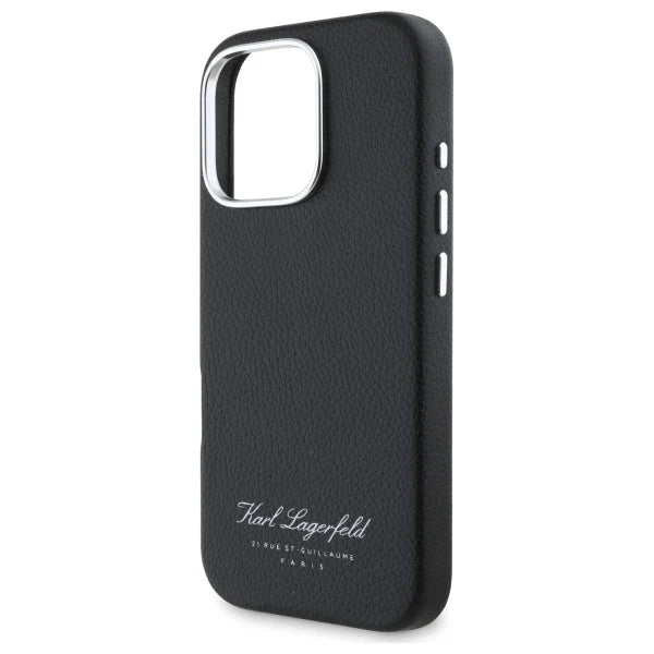 Karl Lagerfeld Hülle für iPhone 16 Pro Max – Schwarzes Leder mit Signature-Schriftzug
