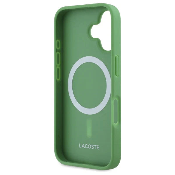 Lacoste MagSafe Hülle für iPhone 16 – Grün mit Stoffstruktur & Logo