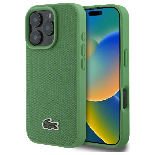 Lacoste Hülle für iPhone 16 Pro – Signature Look in Grün mit MagSafe