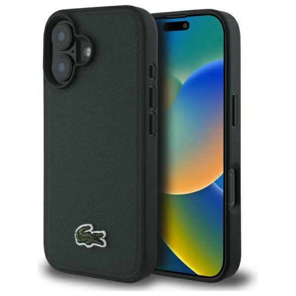 Lacoste iPhone 16 Hülle – Schwarze MagSafe Schutzhülle mit 3D-Krokodil-Logo