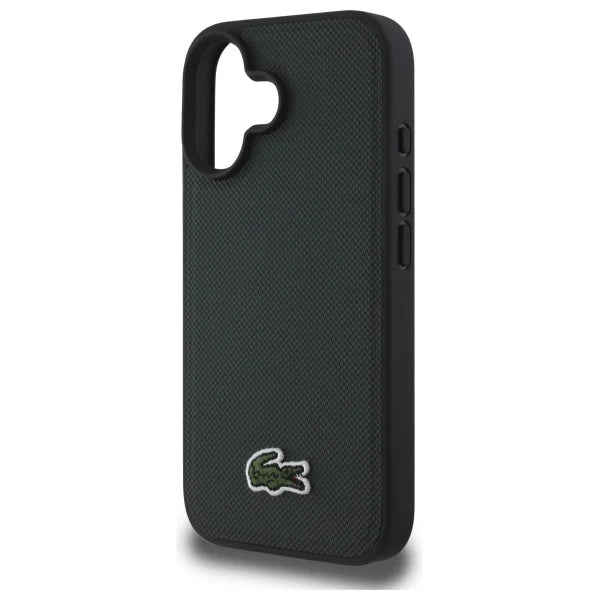 Lacoste iPhone 16 Hülle – Schwarze MagSafe Schutzhülle mit 3D-Krokodil-Logo