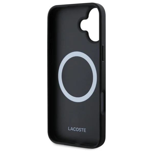 Lacoste iPhone 16 Hülle – Schwarze MagSafe Schutzhülle mit 3D-Krokodil-Logo