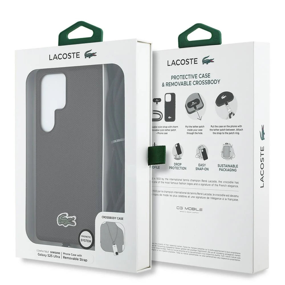 Lacoste Crossbody Case für Samsung Galaxy S25 Ultra – Schwarz | Hardcase mit Umhängeband