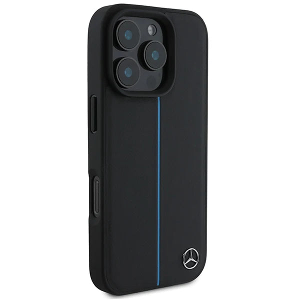 Mercedes-Benz MagSafe Hülle für iPhone 16 Pro – Schwarz mit blauem Zierstreifen
