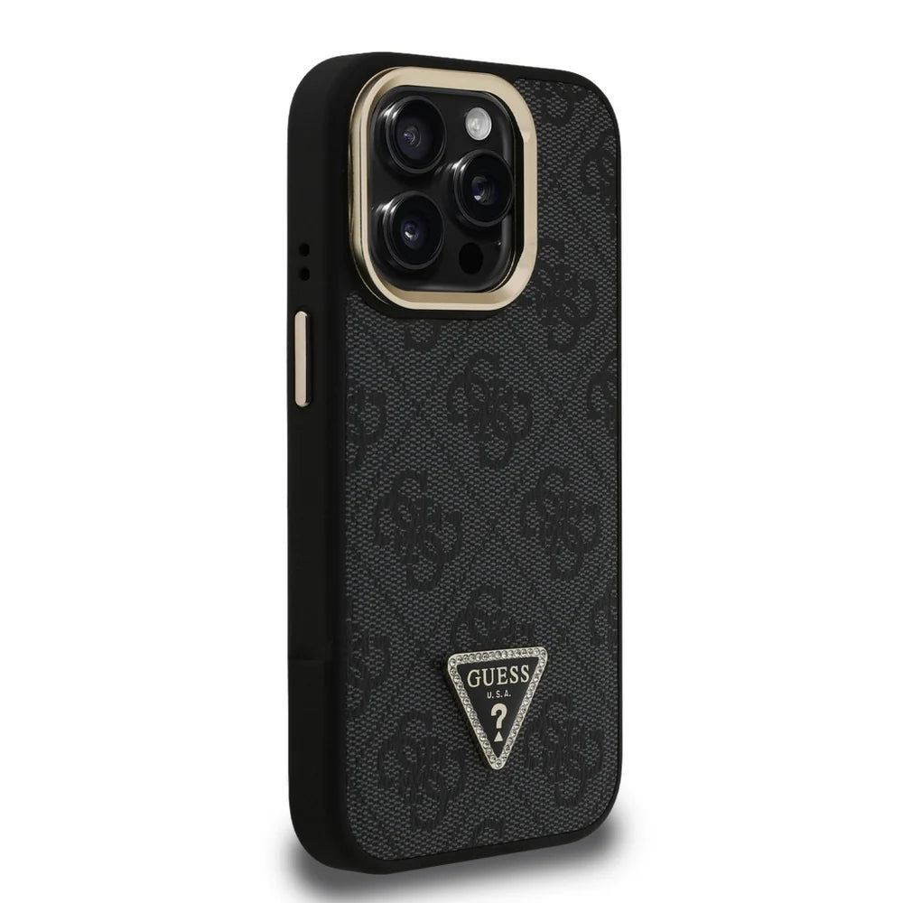 Guess 4G Strass Logo Hülle mit Stand & Kamera-Rahmen für iPhone 15 Pro Max – Schwarz