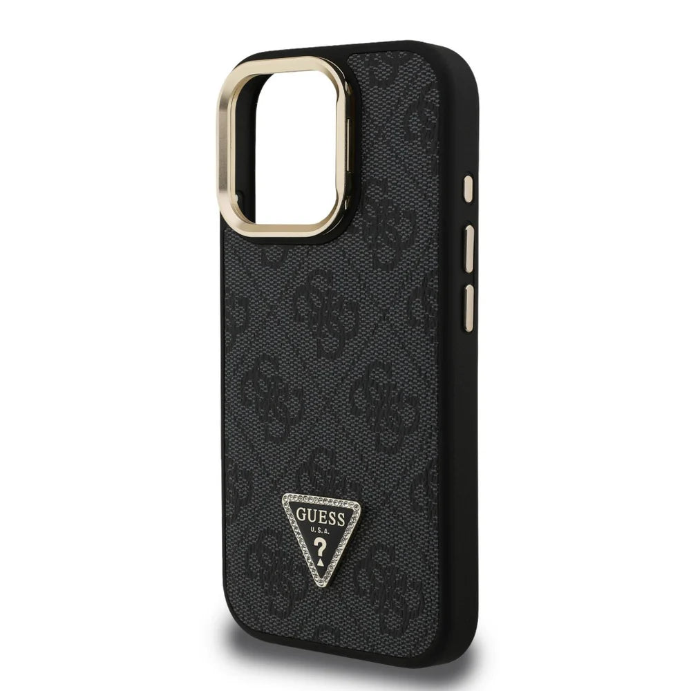 Guess 4G Strass Logo Hülle mit Stand & Kamera-Rahmen für iPhone 15 Pro Max – Schwarz