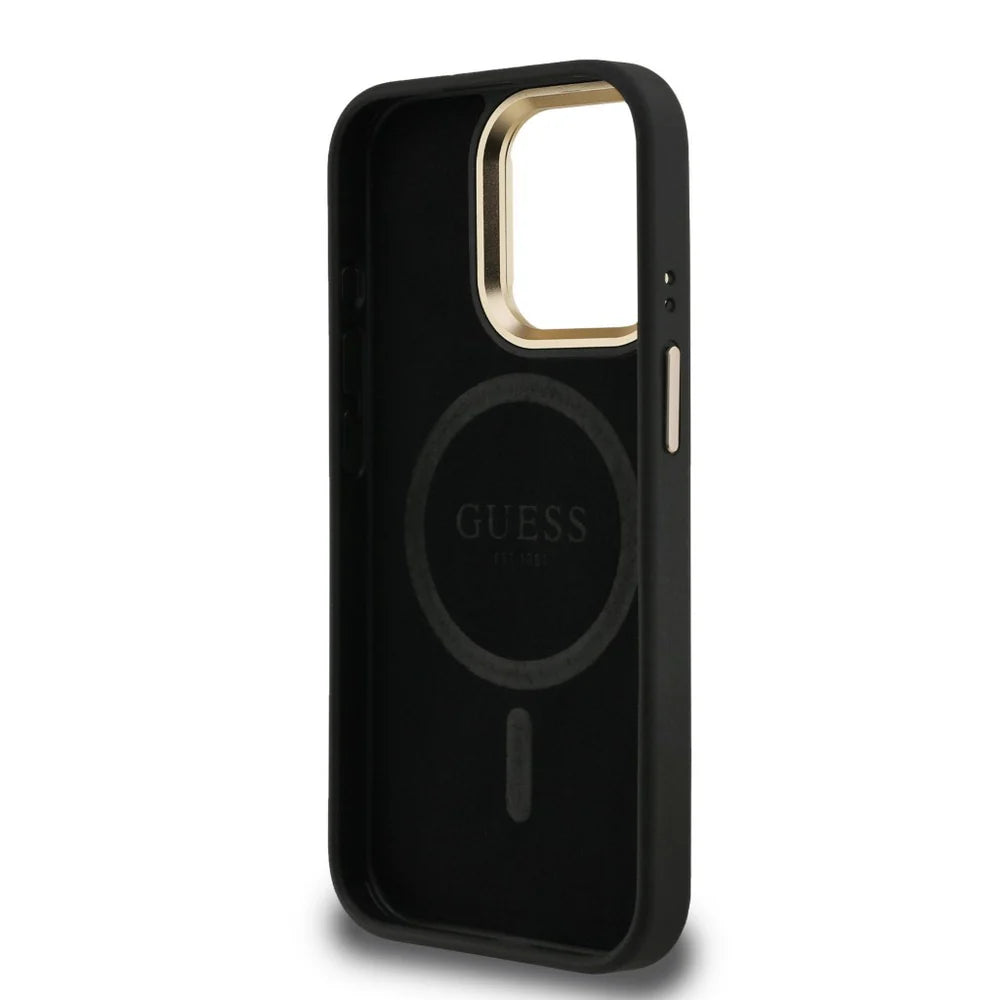 Guess 4G Strass Logo Hülle mit Stand & Kamera-Rahmen für iPhone 15 Pro Max – Schwarz