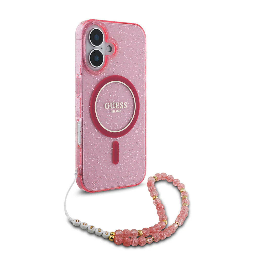 GUESS Glitzerhülle mit MagSafe & Perlen-Armband – für iPhone 16 (Rosa)
