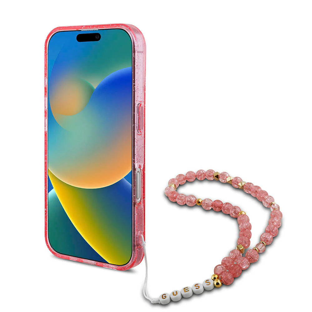 GUESS Glitzerhülle mit MagSafe & Perlen-Armband – für iPhone 16 (Rosa)