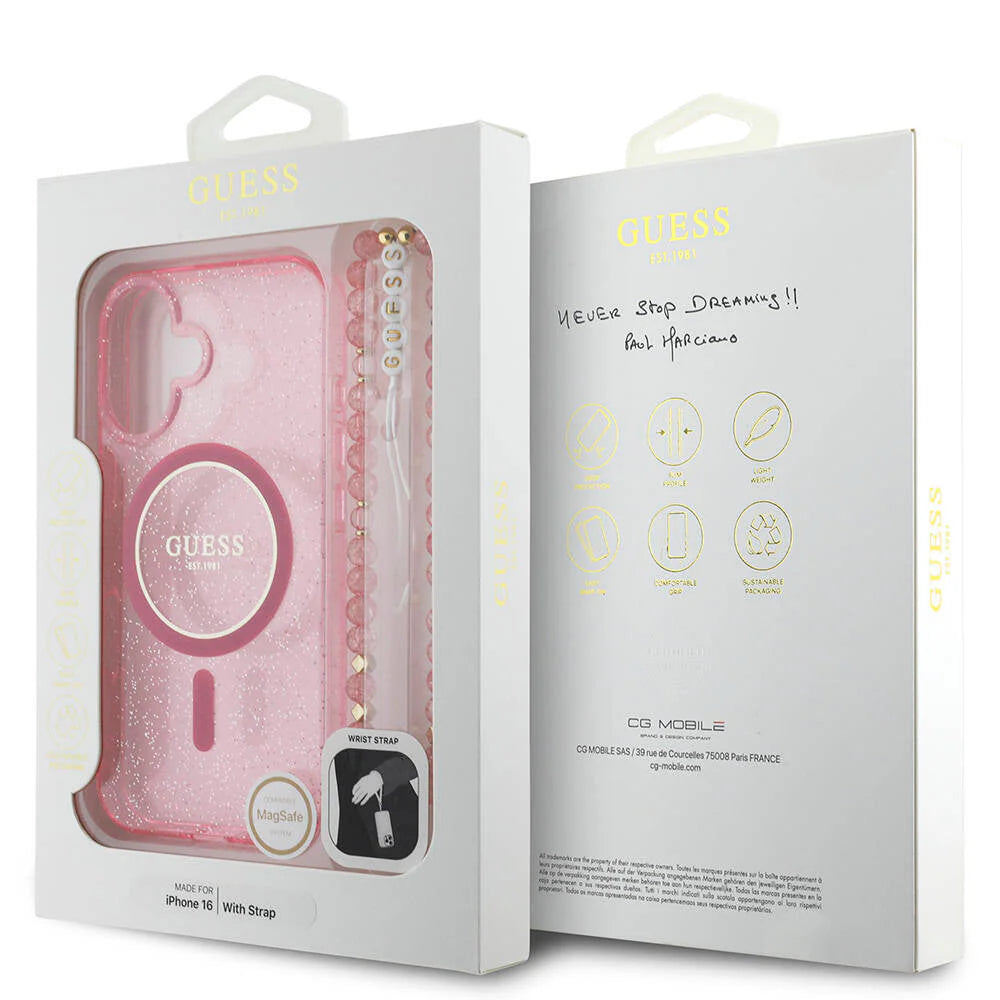 GUESS Glitzerhülle mit MagSafe & Perlen-Armband – für iPhone 16 (Rosa)