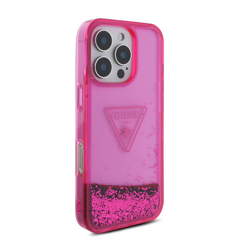 GUESS Handyhülle für iPhone 16 Pro Max – Pink Transparent mit Liquid-Glitter & Logo