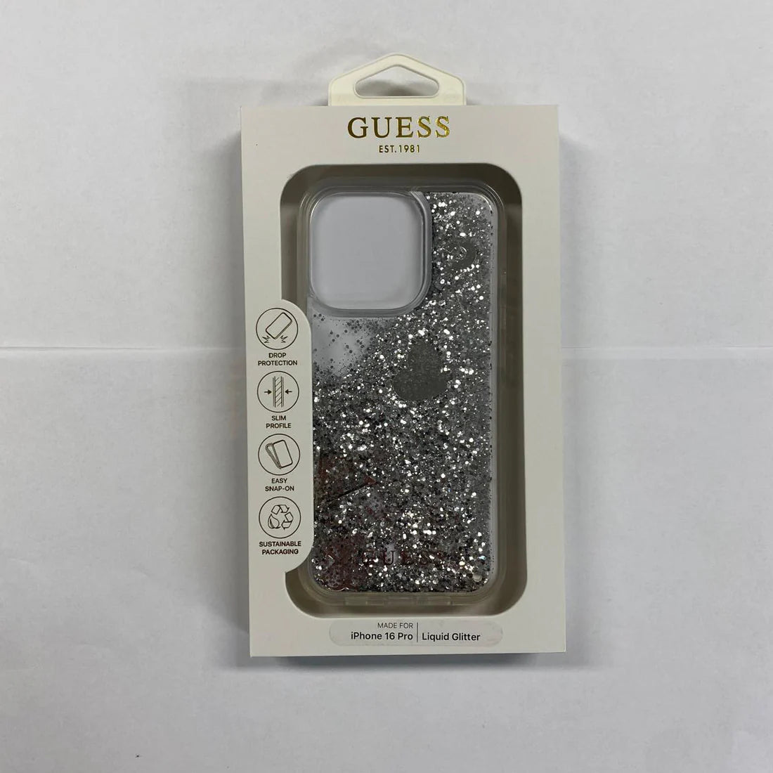 GUESS Liquid Glitter Hülle Silber für iPhone 16 Pro – Glanz, der bewegt