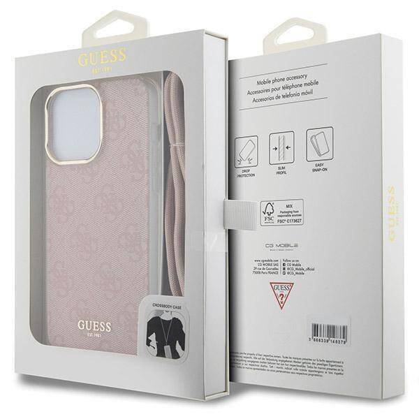 Guess Crossbody Hülle für iPhone 15 Pro Max – 4G Print, Rosa mit Umhängekordel