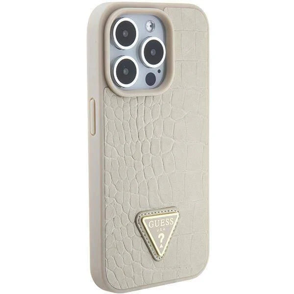 Guess Croco Hardcase Hülle für iPhone 15 Pro Max – Creme/Gold, Triangle Logo