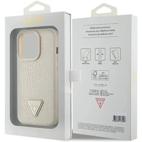 Guess Croco Hardcase Hülle für iPhone 15 Pro Max – Creme/Gold, Triangle Logo