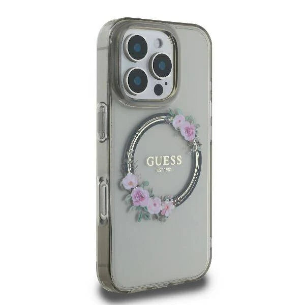 GUESS Handyhülle für iPhone 16 Pro Max – Transparent mit Blumenkranz & Logo