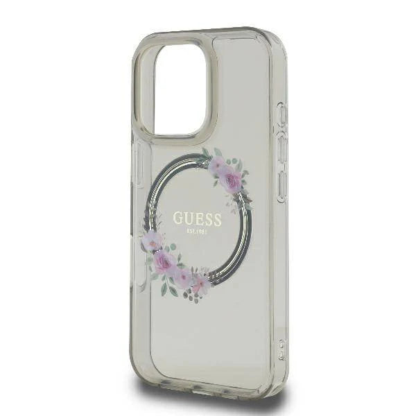 GUESS Handyhülle für iPhone 16 Pro Max – Transparent mit Blumenkranz & Logo
