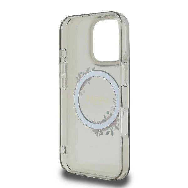 GUESS Handyhülle für iPhone 16 Pro Max – Transparent mit Blumenkranz & Logo