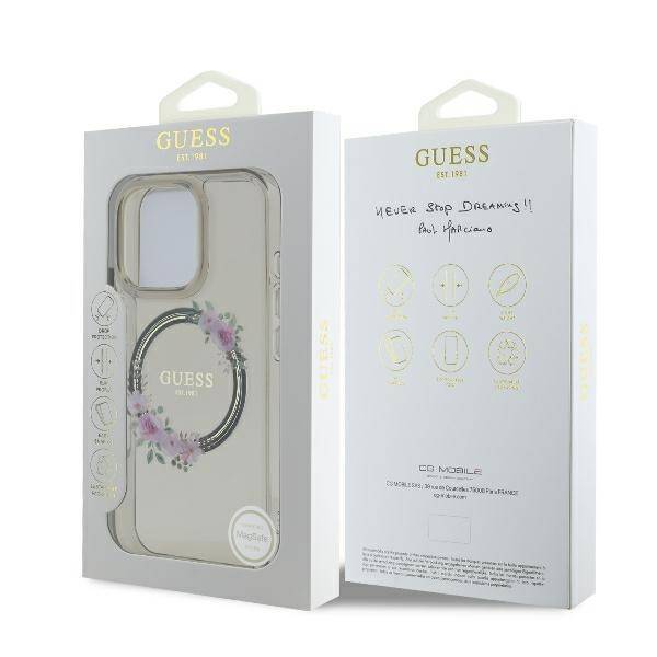 GUESS Handyhülle für iPhone 16 Pro Max – Transparent mit Blumenkranz & Logo