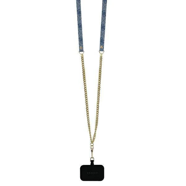 GUESS Crossbody Handyhülle für iPhone 16 Pro Max – Blau im Denim-Look mit Logo & Ketten-Trageriemen
