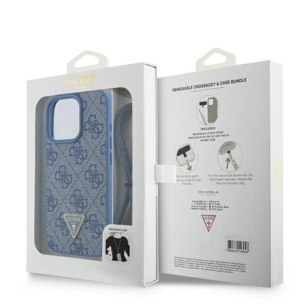 GUESS Crossbody Handyhülle für iPhone 16 Pro Max – Blau im Denim-Look mit Logo & Ketten-Trageriemen