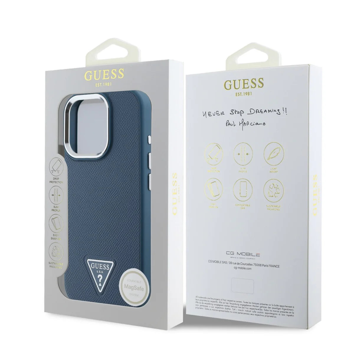 GUESS Handyhülle für iPhone 16 Pro Max – Blau mit Strukturdesign & Triangle-Logo