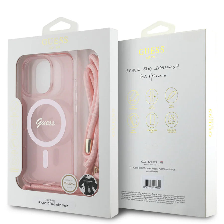 GUESS MagSafe Crossbody Hülle mit Umhängeband – für iPhone 16 (Rosa)