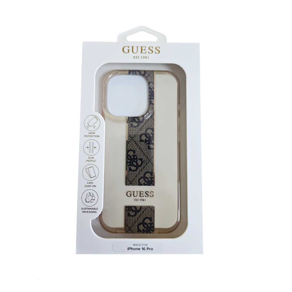 GUESS Handyhülle für iPhone 16 Pro Max – Transparent mit Monogramm-Streifen & Logo