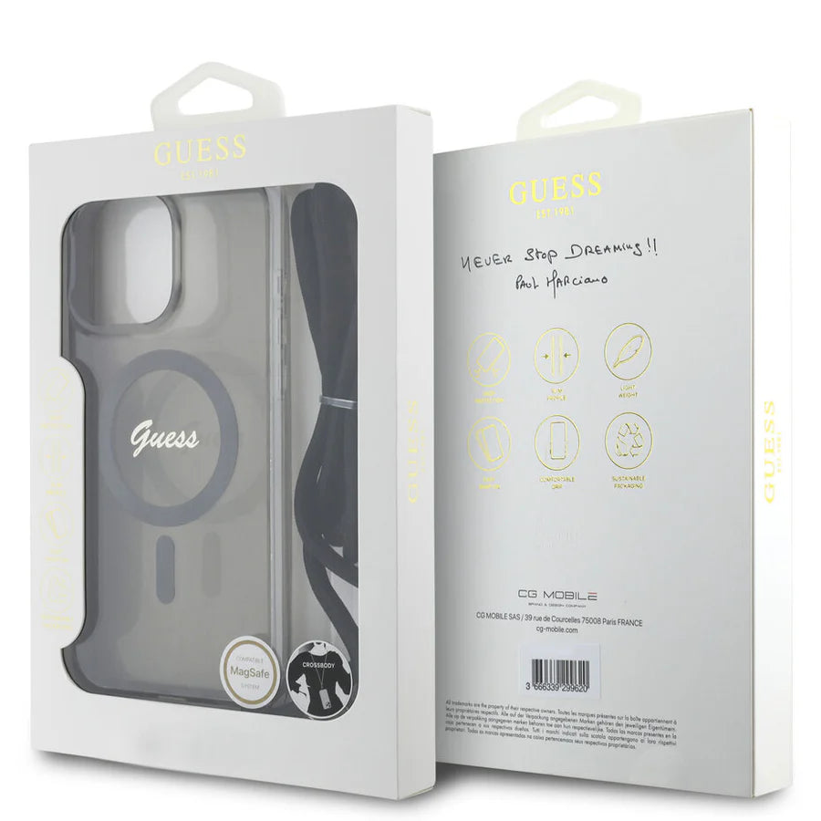 GUESS Crossbody Handyhülle für iPhone 16 Pro Max – Schwarz Transparent mit MagSafe & Trageband