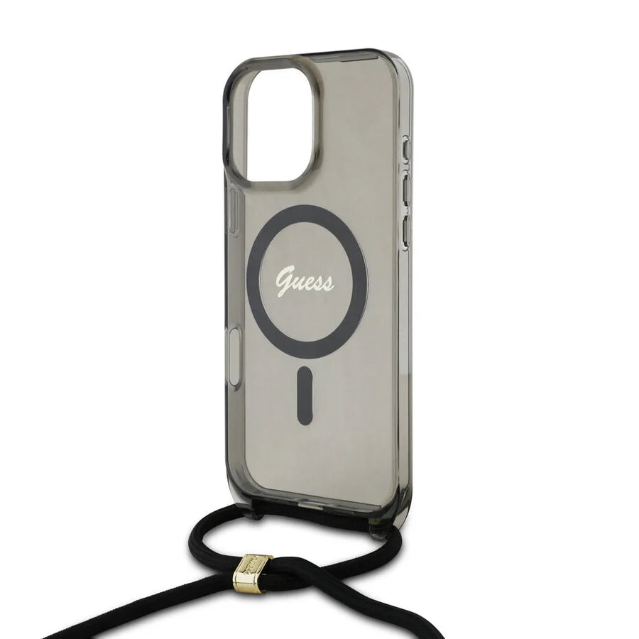GUESS Crossbody Handyhülle für iPhone 16 Pro Max – Schwarz Transparent mit MagSafe & Trageband