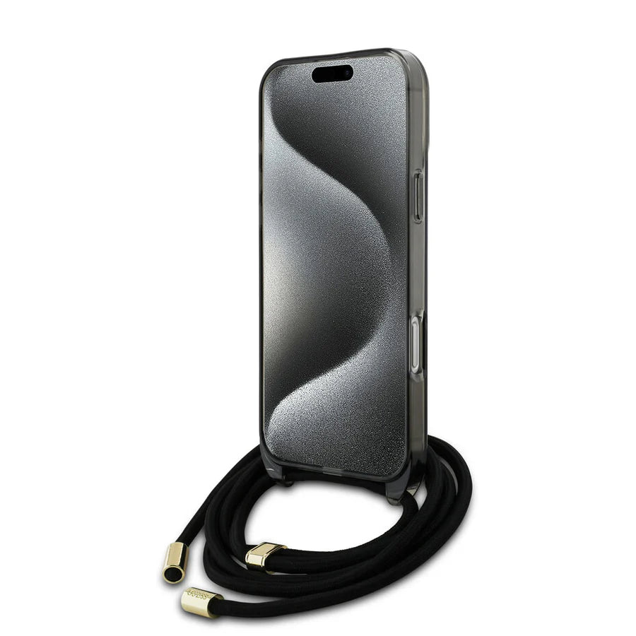 GUESS Crossbody Handyhülle für iPhone 16 Pro Max – Schwarz Transparent mit MagSafe & Trageband