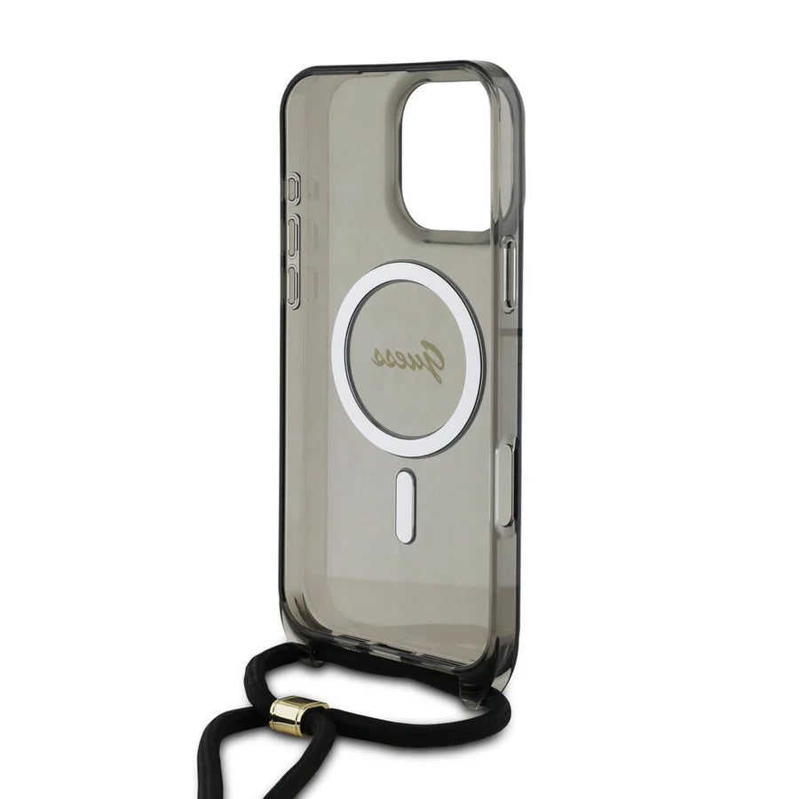 GUESS Crossbody Handyhülle für iPhone 16 Pro Max – Schwarz Transparent mit MagSafe & Trageband